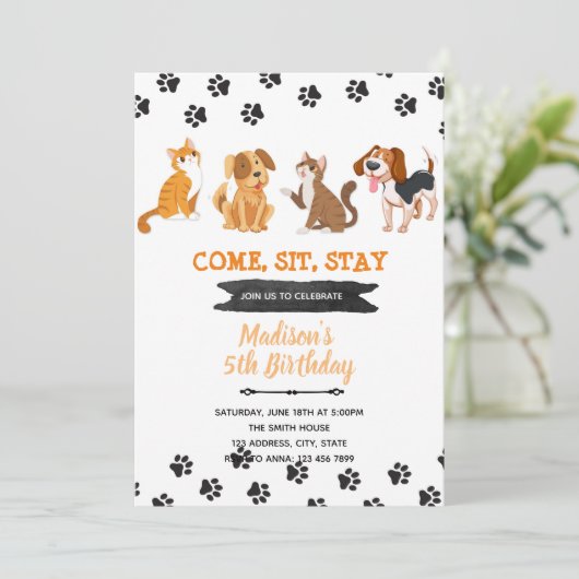 Uitnodiging verjaardagsfeest huisdier hond kat (Staand voorkant)