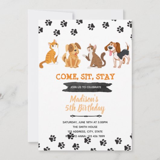 Uitnodiging verjaardagsfeest huisdier kat hond (Voorkant)