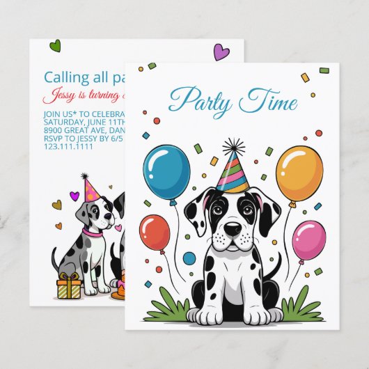 Uitnodiging verjaardagsfeest kinderen Great Dane P (Voorkant / Achterkant)