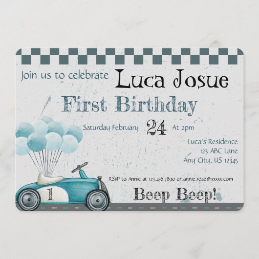 Uitnodiging verjaardagsfeest klassieke auto, babys (Voorkant)