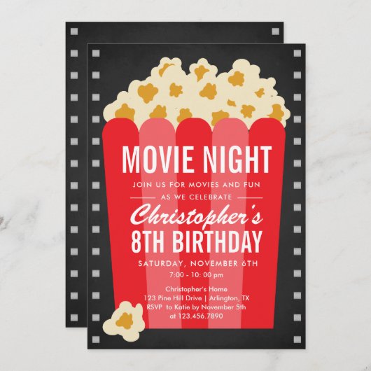 Uitnodiging verjaardagsfeest Popcorn Filmavond (Voorkant / Achterkant)