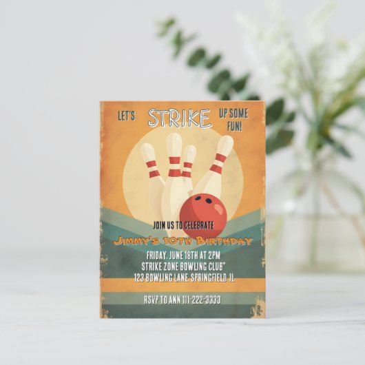 Uitnodiging verjaardagsfeest Retro Bowling Kids (Staand voorkant)