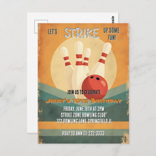 Uitnodiging verjaardagsfeest Retro Bowling Kids (Voorkant / Achterkant)