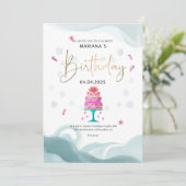 Uitnodiging verjaardagsfeest | Roze cake thema | A (Staand voorkant)