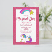 Uitnodiging verjaardagsfeest toverdier roze (Staand voorkant)