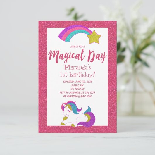 Uitnodiging verjaardagsfeest toverdier roze (Staand voorkant)