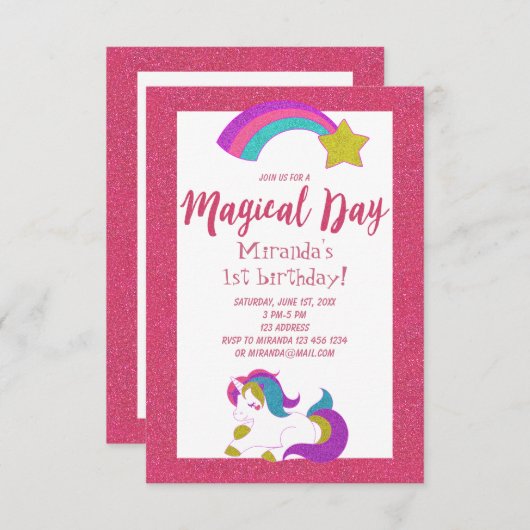 Uitnodiging verjaardagsfeest toverdier roze (Voorkant / Achterkant)