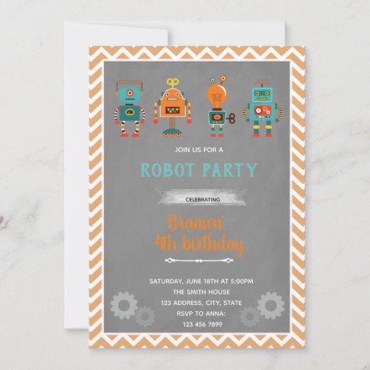 Uitnodiging verjaardagsfeest vintage robot (Voorkant)
