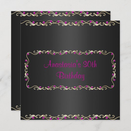 Uitnodiging Verjaardagsfeest Zwart Goud Roze Juwee (Voorkant / Achterkant)