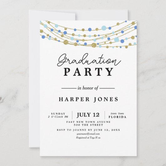 uitnodiging verjaardagsfeestje afstuderen blauw en (Voorkant)