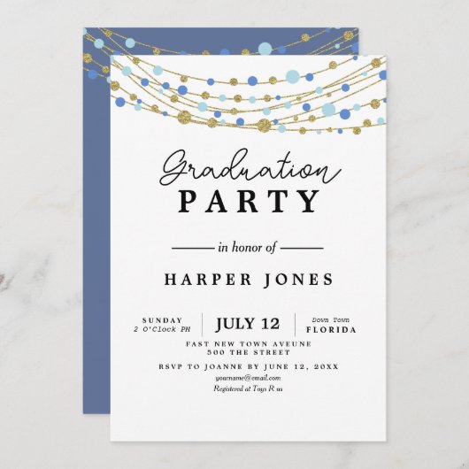 uitnodiging verjaardagsfeestje afstuderen blauw en (Voorkant / Achterkant)