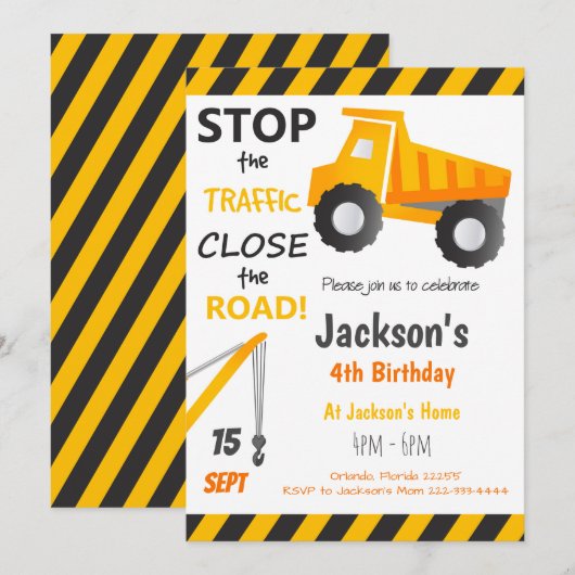 Uitnodiging verjaardagsfeestje bouw dump truck (Voorkant / Achterkant)