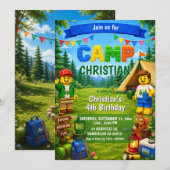 Uitnodiging verjaardagsfeestje Bricks Camp jongen (Voorkant / Achterkant)