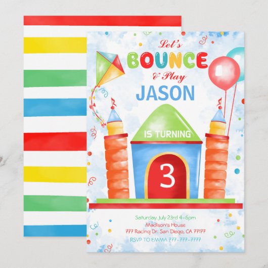 Uitnodiging verjaardagsfeestje jongen stuiters (Voorkant / Achterkant)