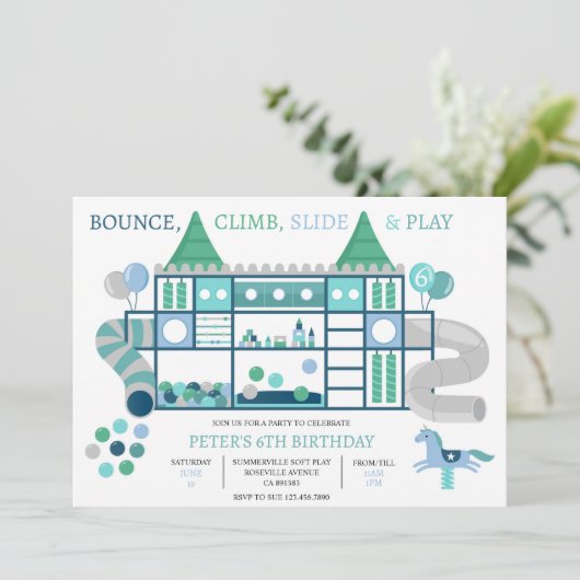 Uitnodiging verjaardagsfeestje kinderen blauw soft (Staand voorkant)