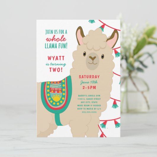 Uitnodiging verjaardagsfeestje Llama, neutraal ges (Staand voorkant)
