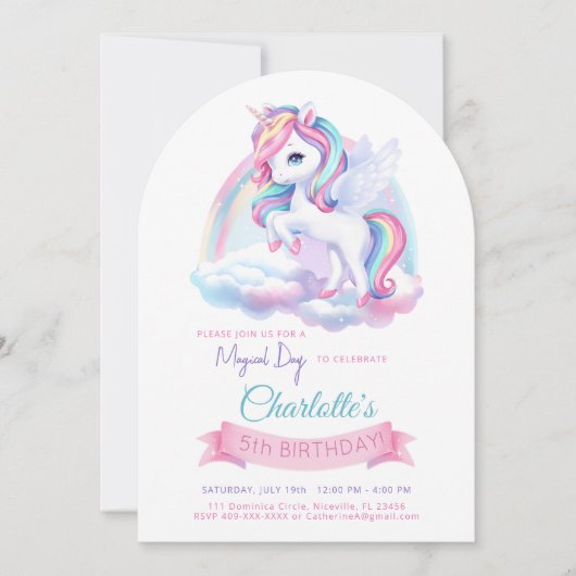 Uitnodiging verjaardagsfeestje met eenhoorn. (Voorkant)