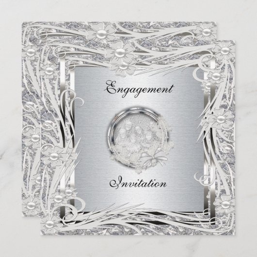 Uitnodiging Verloving Silver Floral Lijst (Voorkant / Achterkant)