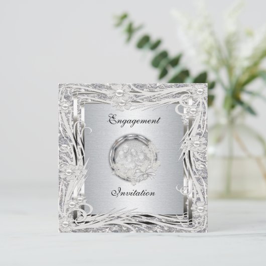 Uitnodiging Verloving Silver Floral Lijst (Staand voorkant)