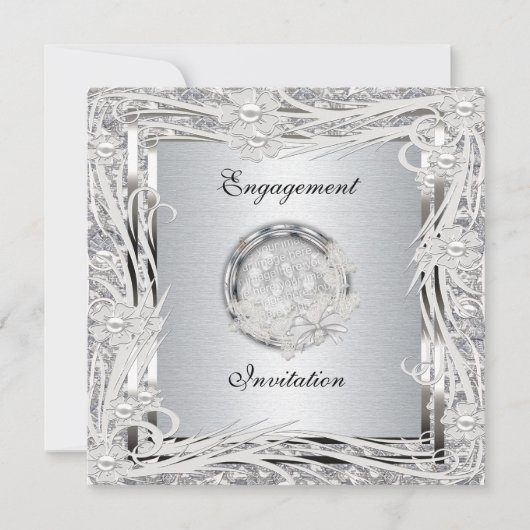 Uitnodiging Verloving Silver Floral Lijst (Voorkant)