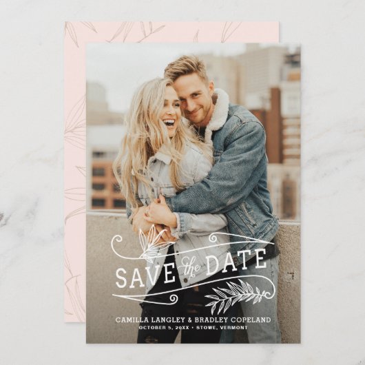 Uitnodiging Verticaal Foto Save the Date met Loof  (Voorkant / Achterkant)