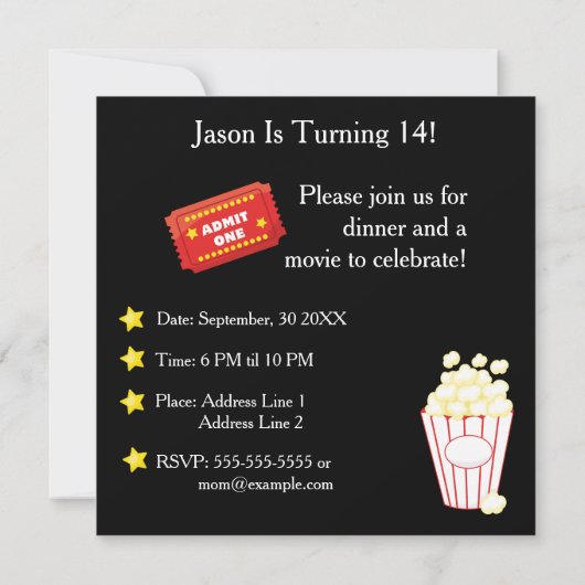 Uitnodiging via Movie Night Theme Party (Achterkant)