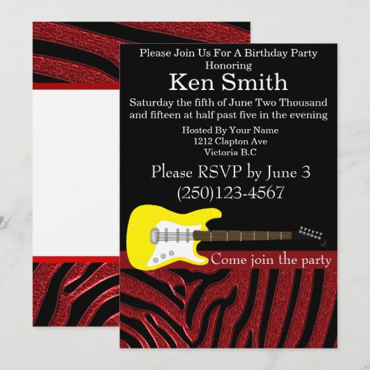 Uitnodiging via Tastful Electric Guitar Birthday (Voorkant / Achterkant)
