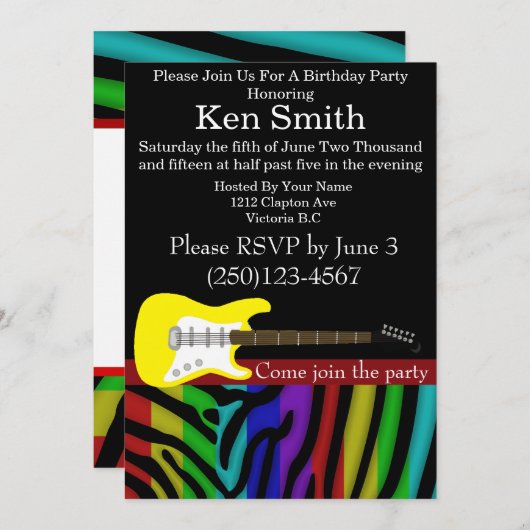 Uitnodiging via Tastful Electric Guitar Birthday (Voorkant / Achterkant)