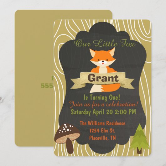 Uitnodiging vierde verjaardag van Cute Fox Woodlan (Voorkant / Achterkant)