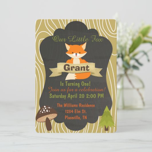 Uitnodiging vierde verjaardag van Cute Fox Woodlan (Staand voorkant)