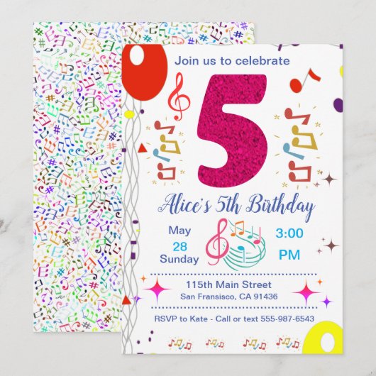 Uitnodiging vijfde verjaardag - Muziekthema (Voorkant / Achterkant)