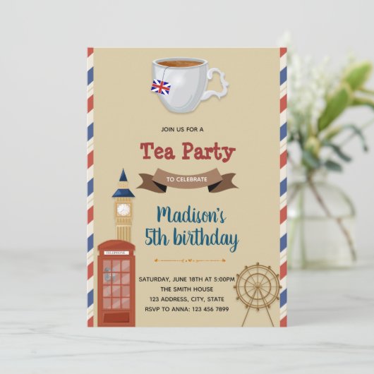 Uitnodiging vintage London thema theepartij (Staand voorkant)