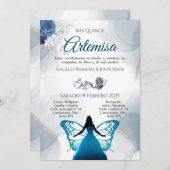 Uitnodiging vlinder blauwe quincañera (Voorkant / Achterkant)