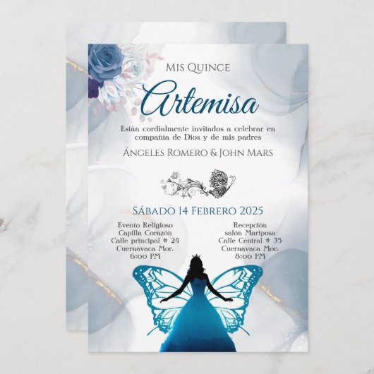 Uitnodiging vlinder blauwe quincañera (Voorkant / Achterkant)
