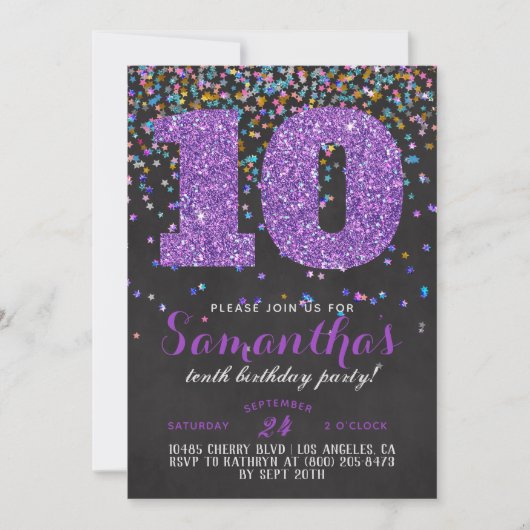 Uitnodiging voor 10e verjaardag met confetti (Voorkant)
