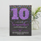 Uitnodiging voor 10e verjaardag met confetti (Staand voorkant)