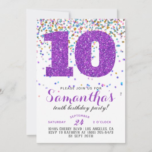 Uitnodiging voor 10e verjaardag met confetti (Voorkant)