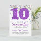 Uitnodiging voor 10e verjaardag met confetti (Staand voorkant)