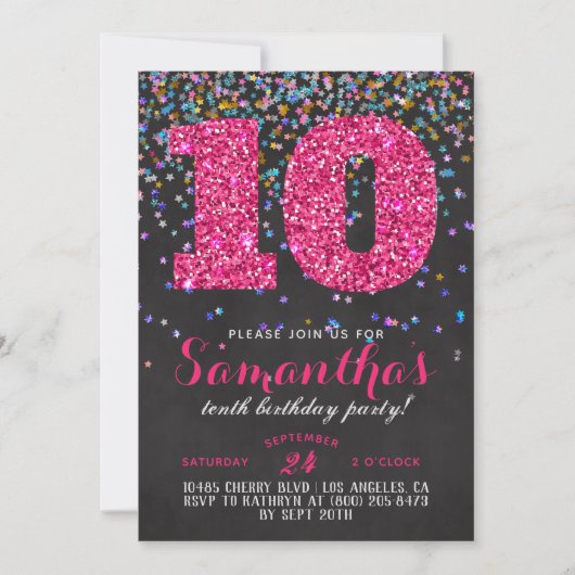 Uitnodiging voor 10e verjaardag met confetti (Voorkant)