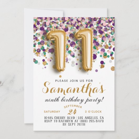 Uitnodiging voor 11e verjaardag met confetti (Voorkant)