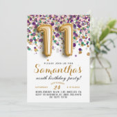 Uitnodiging voor 11e verjaardag met confetti (Staand voorkant)