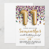 Uitnodiging voor 11e verjaardag met confetti (Voorkant / Achterkant)