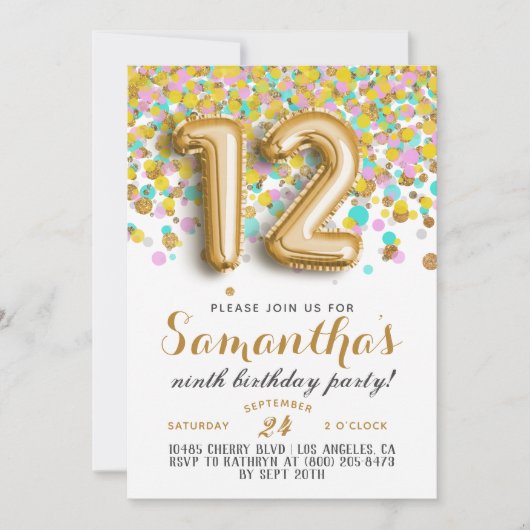 Uitnodiging voor 12e verjaardag met confetti (Voorkant)