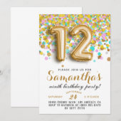 Uitnodiging voor 12e verjaardag met confetti (Voorkant / Achterkant)