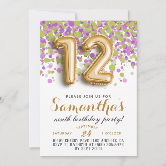 Uitnodiging voor 12e verjaardag met confetti (Voorkant)