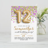 Uitnodiging voor 12e verjaardag met confetti (Staand voorkant)