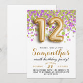 Uitnodiging voor 12e verjaardag met confetti (Voorkant / Achterkant)