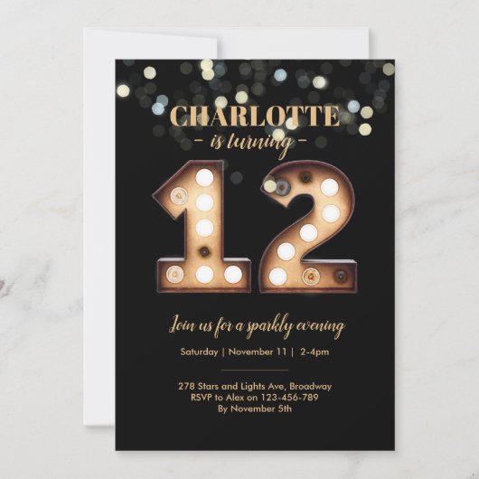 Uitnodiging voor 12e verjaardag met heldere lichte (Voorkant)