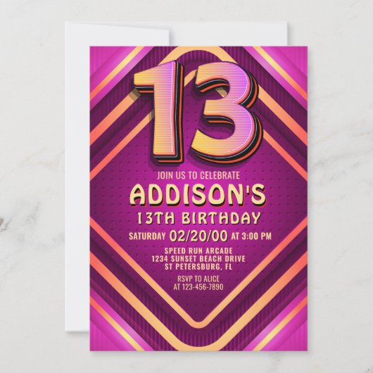 Uitnodiging voor 13e verjaardag in neonstijl (Voorkant)