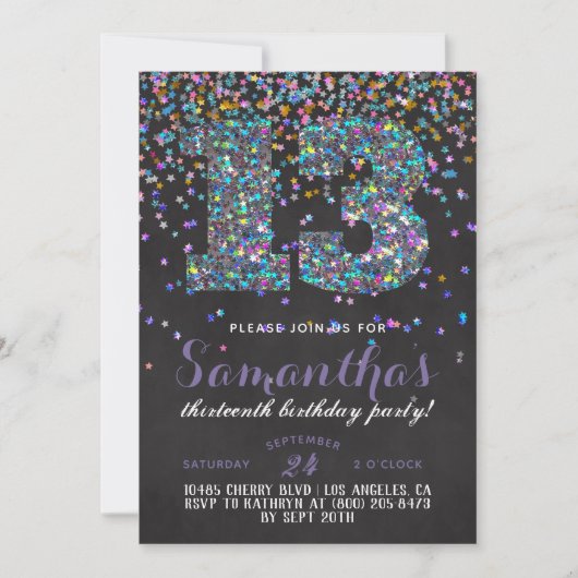 Uitnodiging voor 13e verjaardag met confetti (Voorkant)